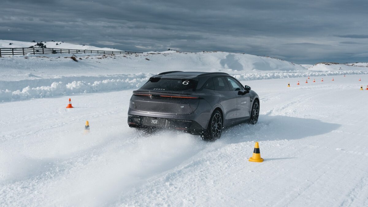 Zeekr 7GT sliding between cones on snow at the Southern Hemisphere Proving Grounds