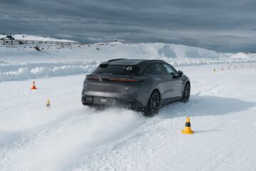 Zeekr 7GT sliding between cones on snow at the Southern Hemisphere Proving Grounds