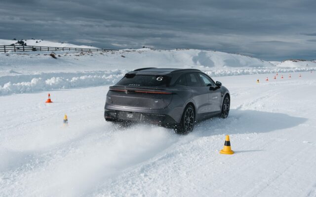 Zeekr 7GT sliding between cones on snow at the Southern Hemisphere Proving Grounds