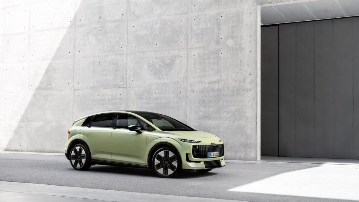 Audi A2 e-tron in pistachio green, front three quarter