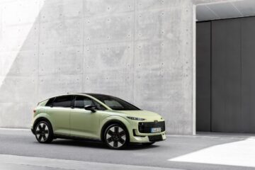 Audi A2 e-tron in pistachio green, front three quarter