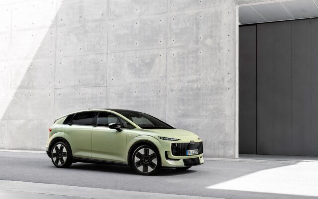 Audi A2 e-tron in pistachio green, front three quarter