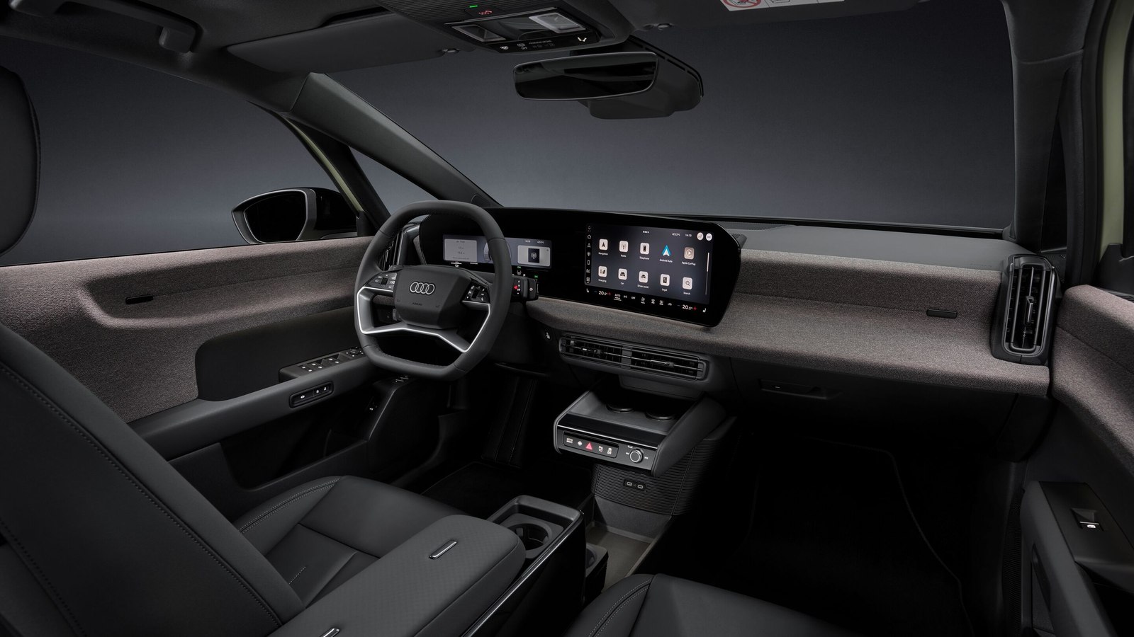 Audi A2 e-tron interior with fabric Softwrap dashboard and curved displays