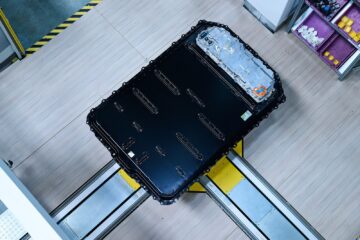 BMW Gen6 high-voltage battery pack on a production line lift, viewed from above