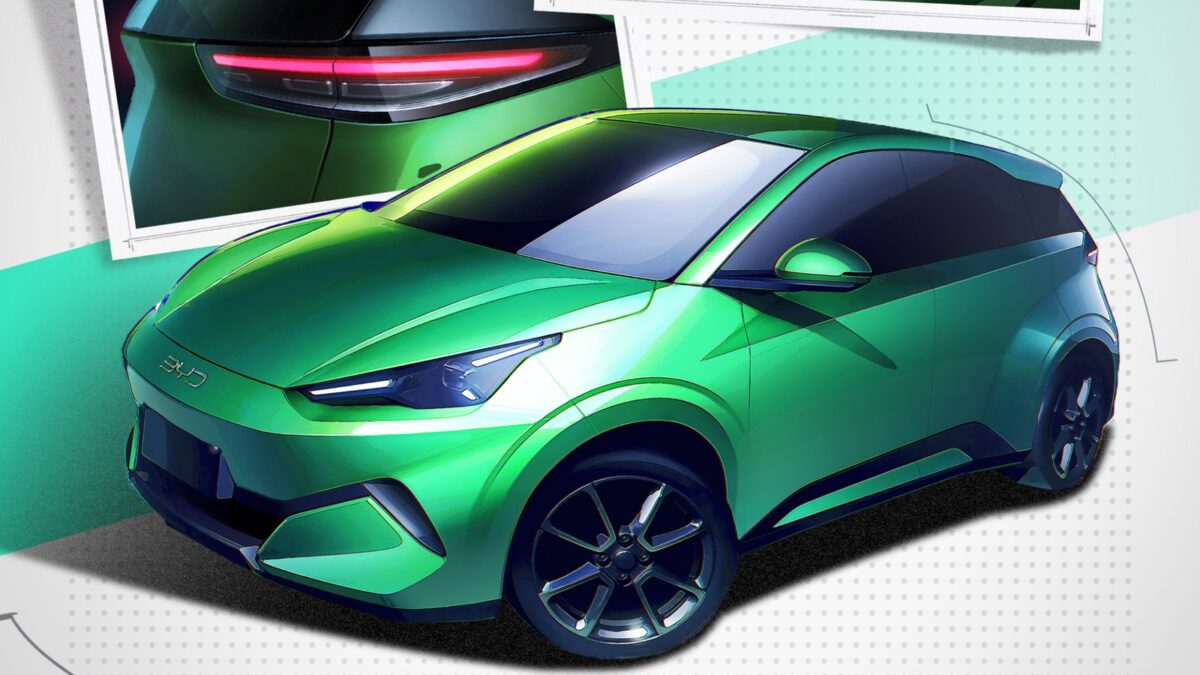 BYD design sketch of the second-generation Seagull, front three quarter, in green