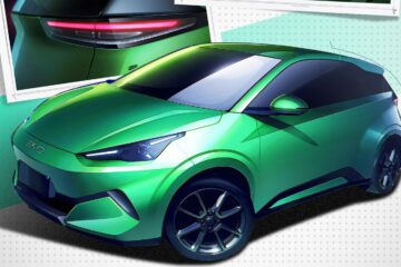 BYD design sketch of the second-generation Seagull, front three quarter, in green