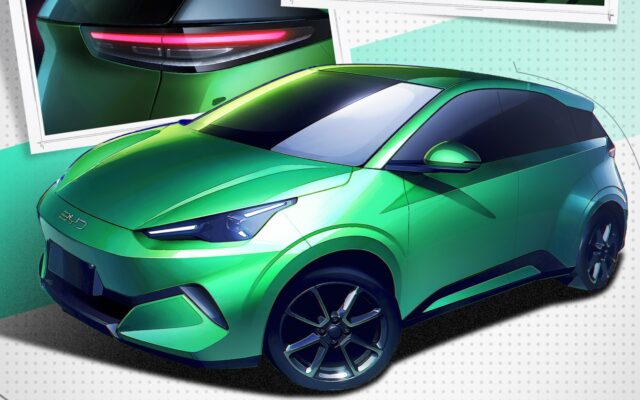 BYD design sketch of the second-generation Seagull, front three quarter, in green
