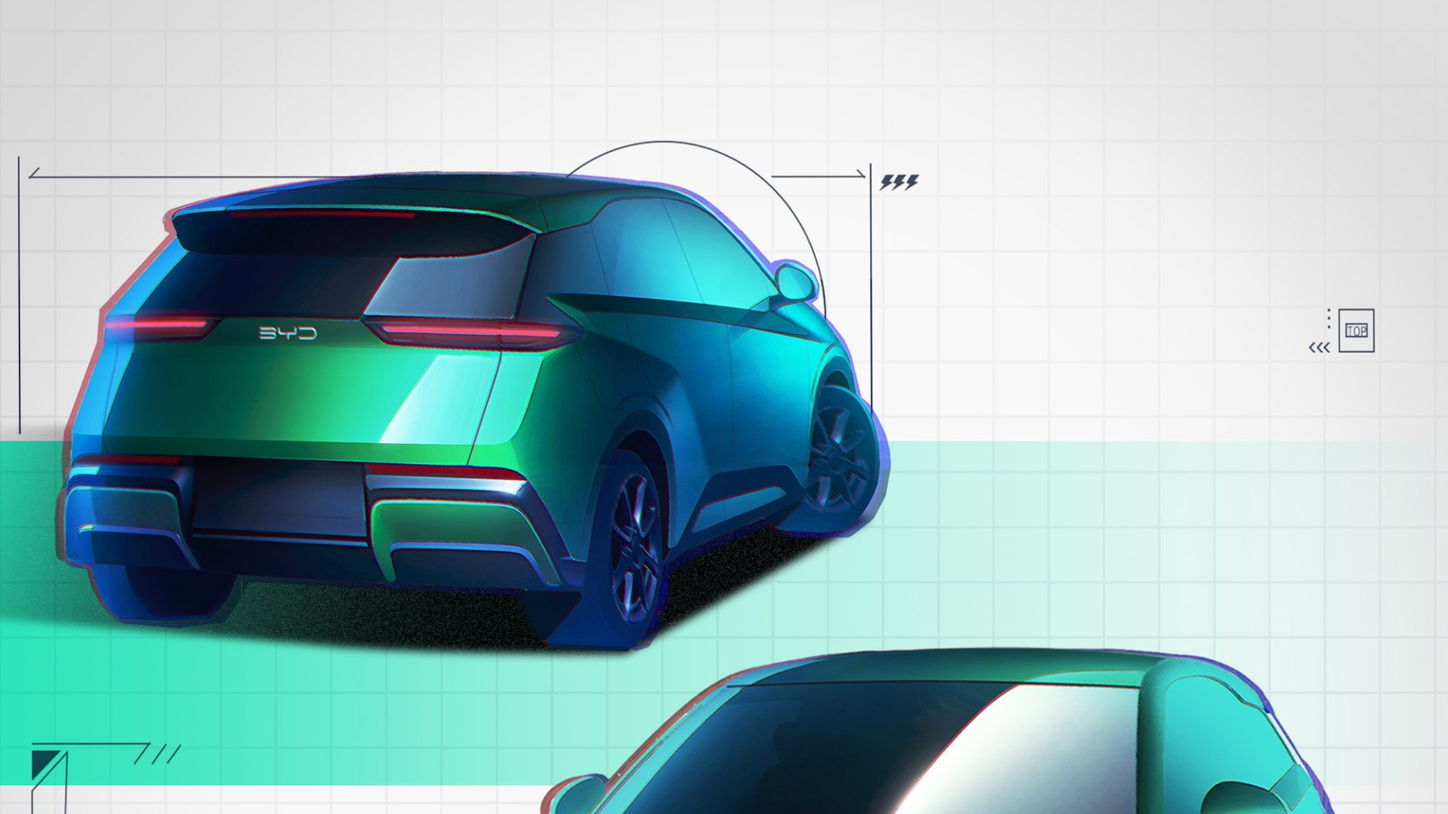 BYD design sketch of the second-generation Seagull from the rear