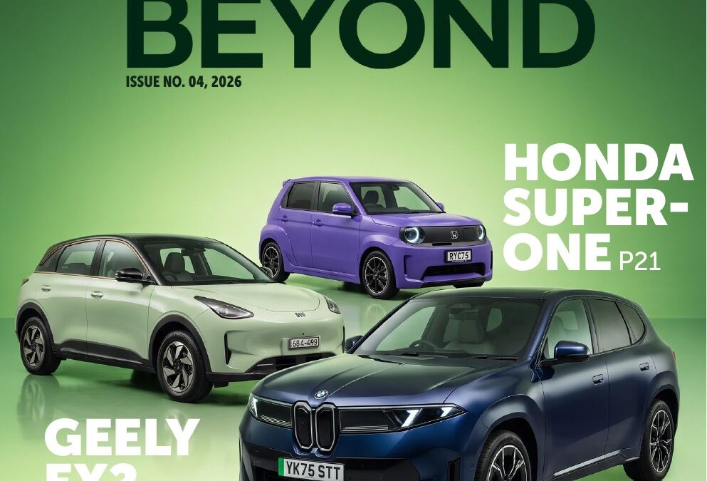 EVs & Beyond magazine cover featuring BMW iX3, Geely EX2 and Honda Super-One