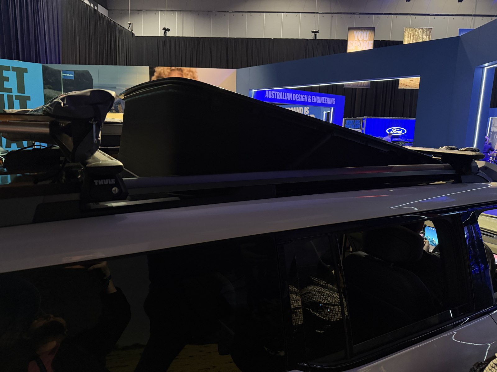 Ford Bronco Basecamp electric pop-up lift roof raised at the Uncovered event