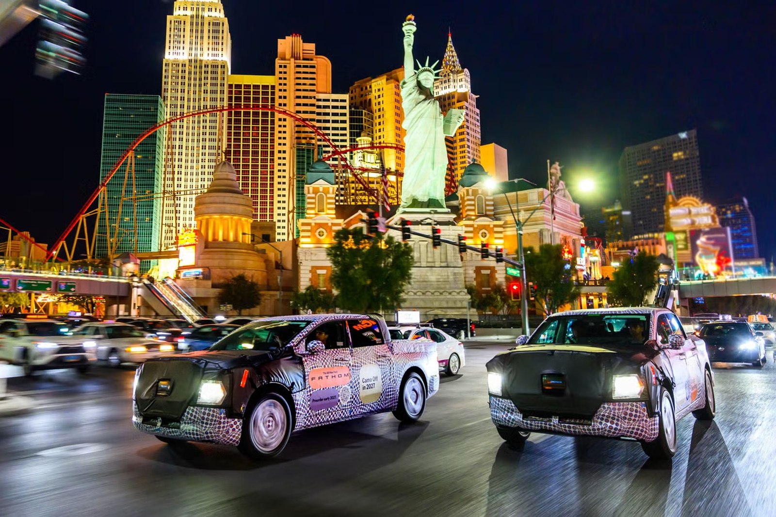 Two Ford Fathom prototypes on the Las Vegas Strip at night