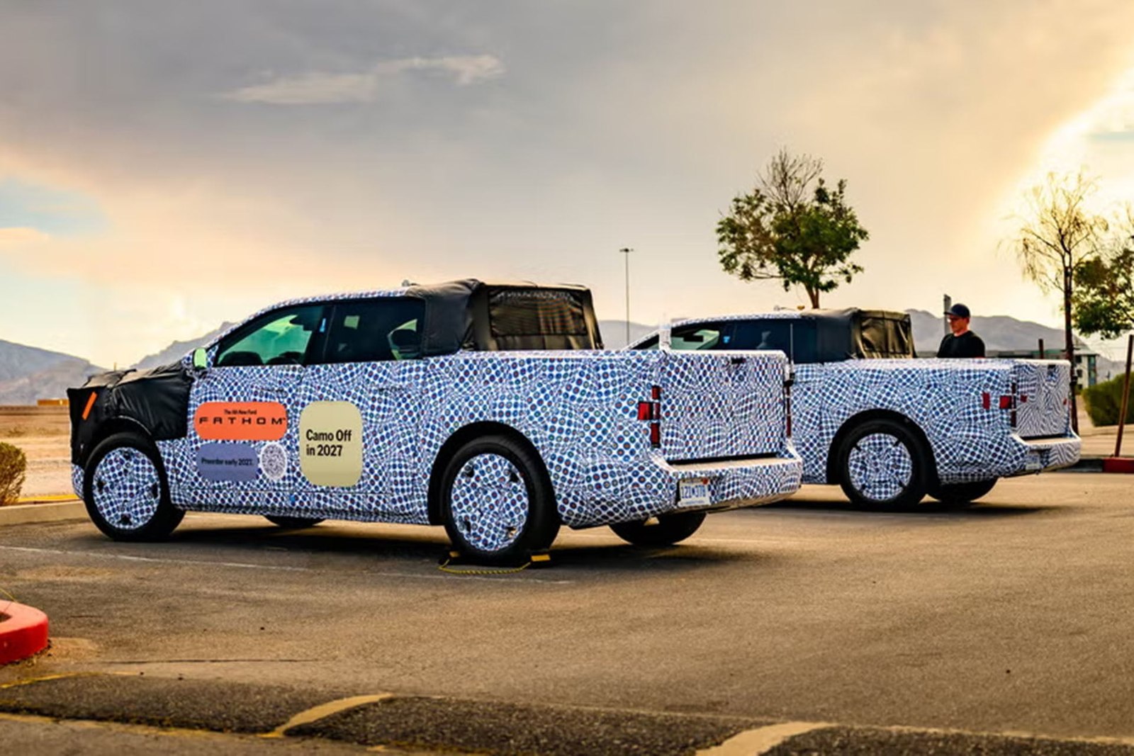 Two camouflaged Ford Fathom prototypes from the rear