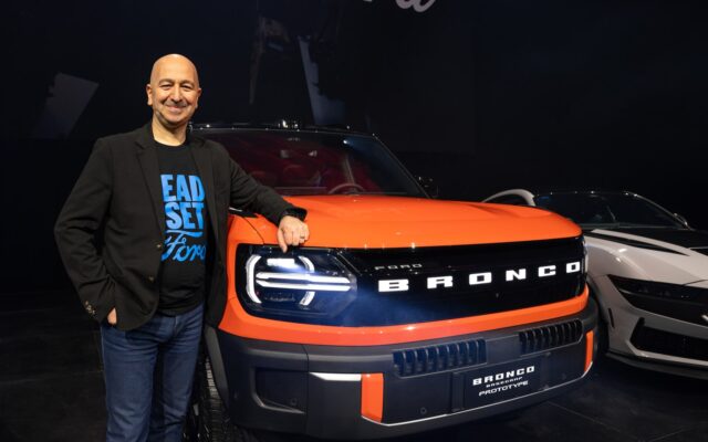 Ford Australia and New Zealand chief executive Fadi Mawal with the orange Bronco Basecamp on stage