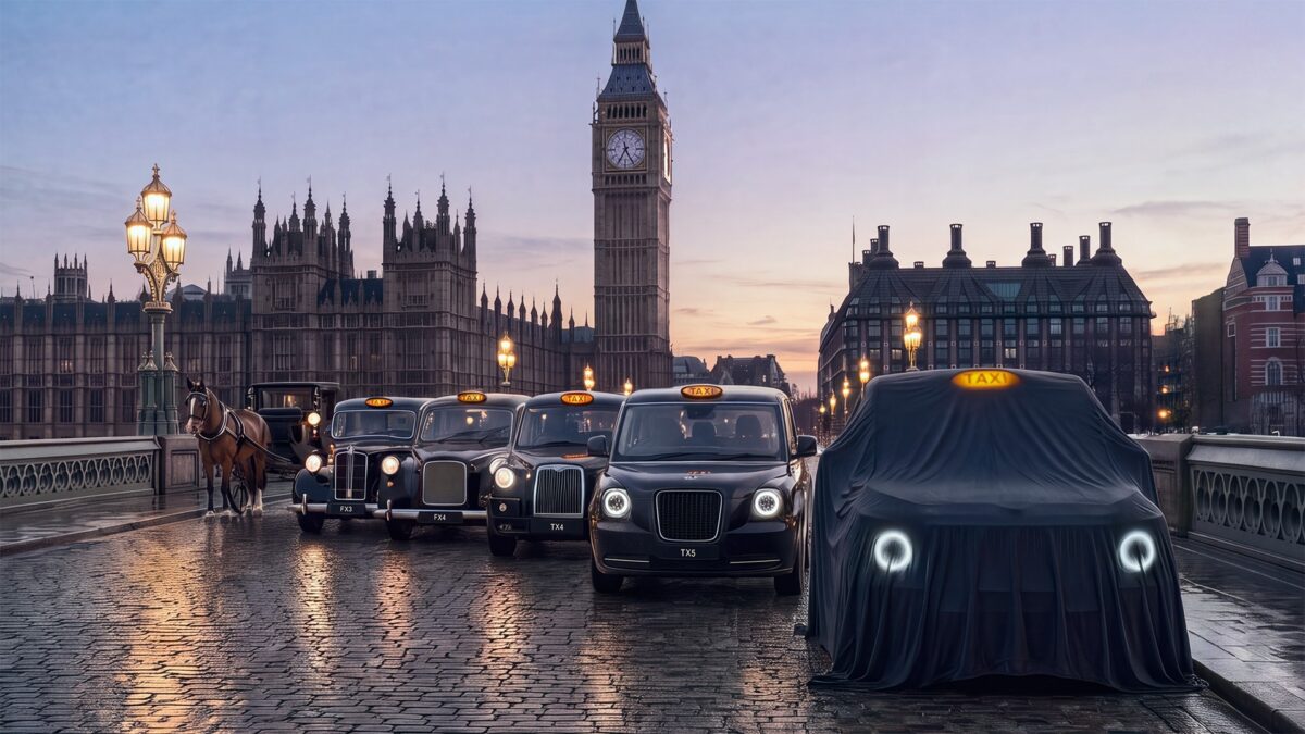 LEVC black cabs on Westminster Bridge with the covered next-generation taxi