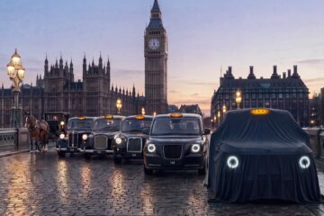 LEVC black cabs on Westminster Bridge with the covered next-generation taxi