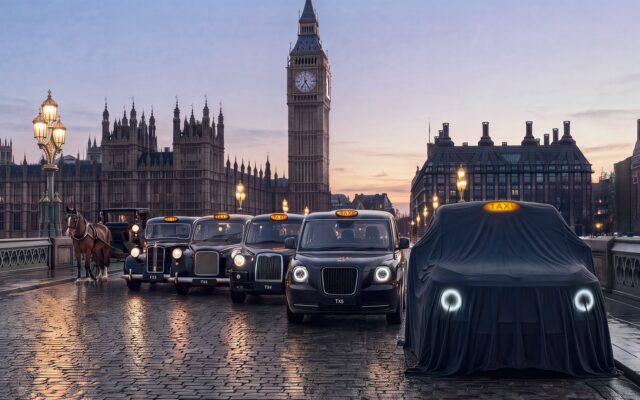 LEVC black cabs on Westminster Bridge with the covered next-generation taxi