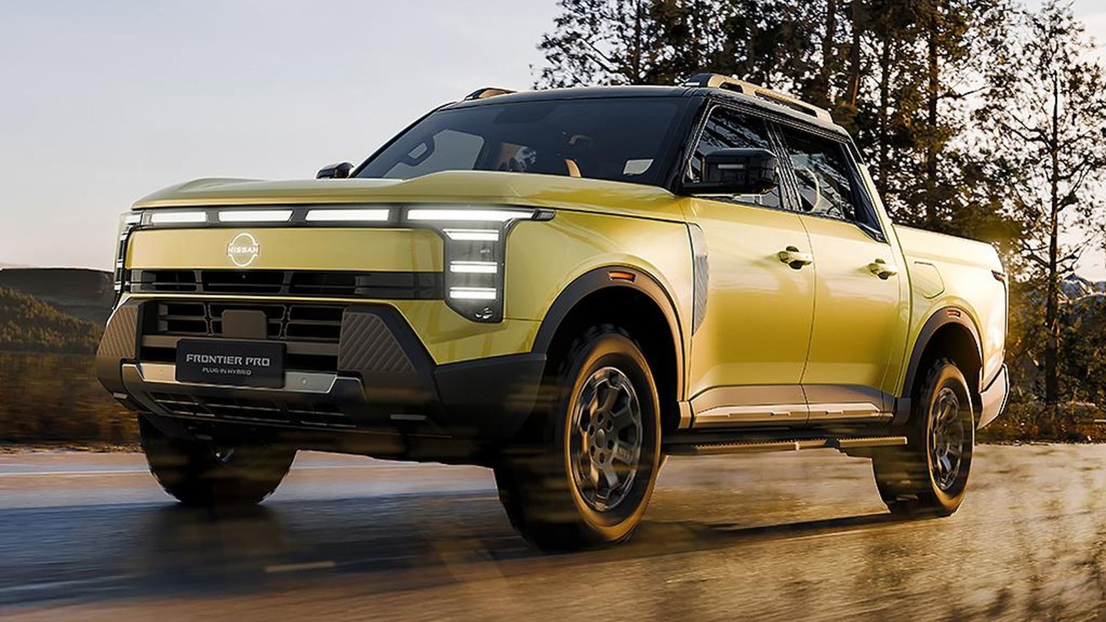 Yellow Nissan Frontier Pro PHEV front three quarter driving on a wet road