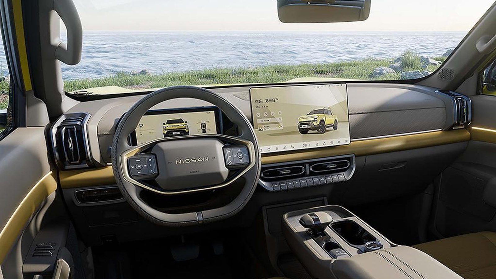 Nissan Frontier Pro PHEV interior with 14.6-inch screen