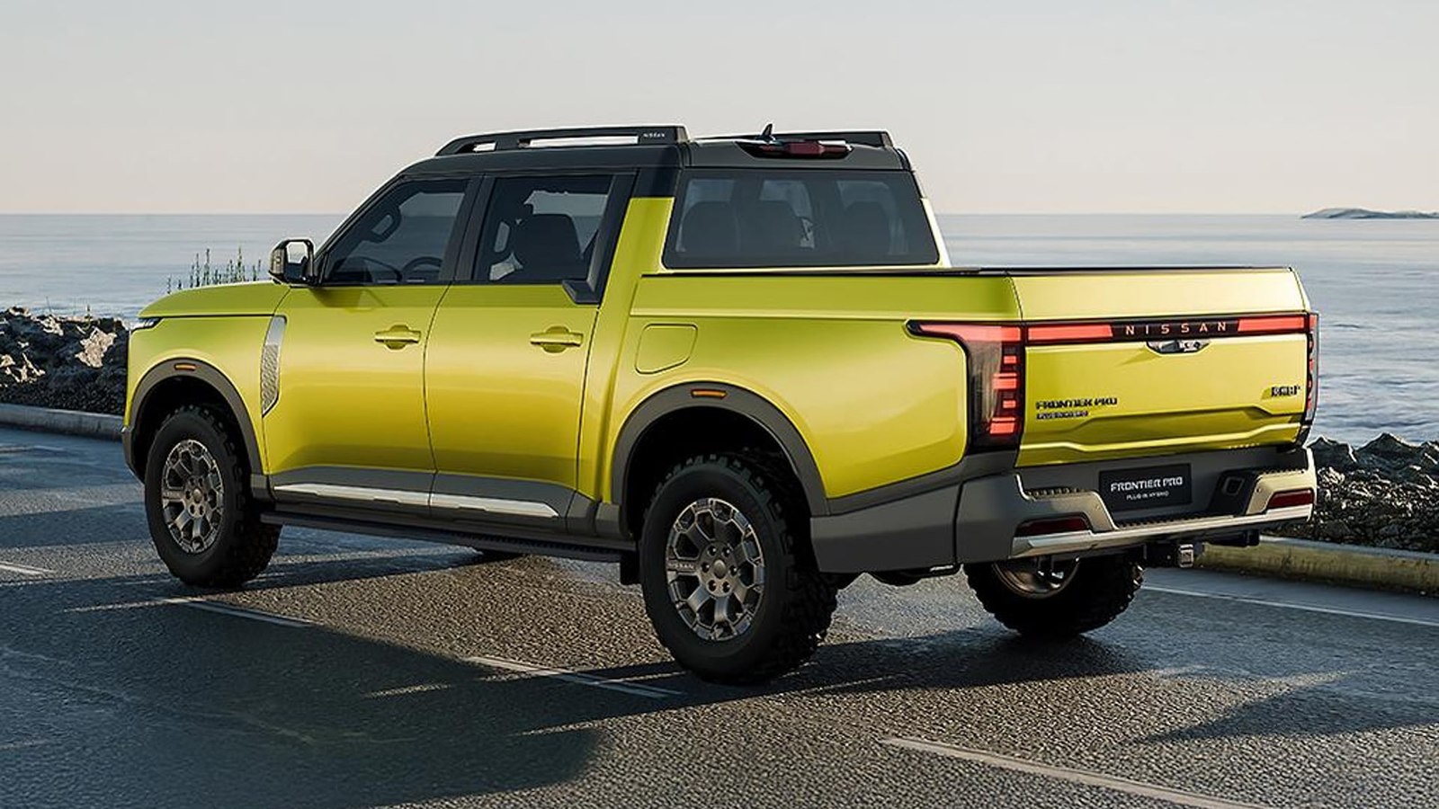 Yellow Nissan Frontier Pro PHEV rear three quarter on a coastal road