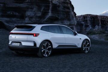 White Polestar 4 SUV rear three quarter showing the new rear window