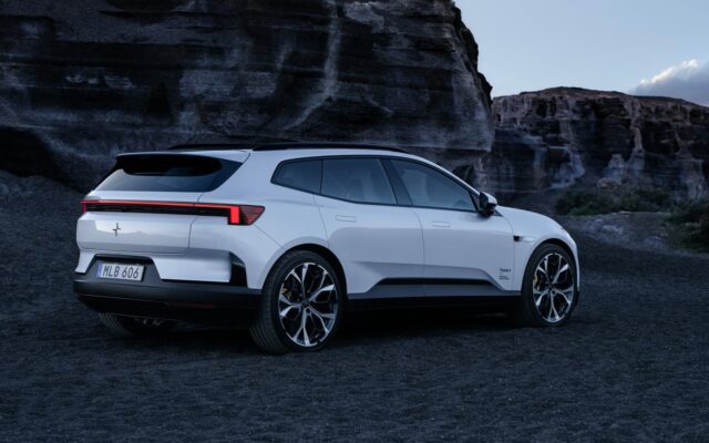 White Polestar 4 SUV rear three quarter showing the new rear window