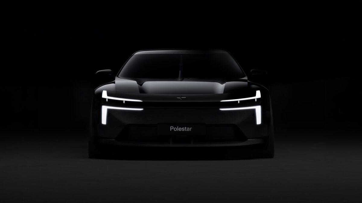 Polestar Formula 2030 concept car front view in darkness with dual blade headlights lit