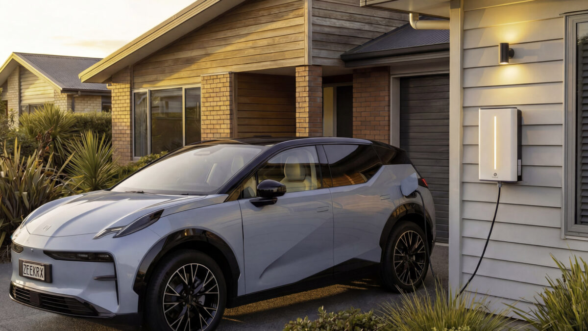 Electric SUV plugged into a wall-mounted charger outside a house at dusk