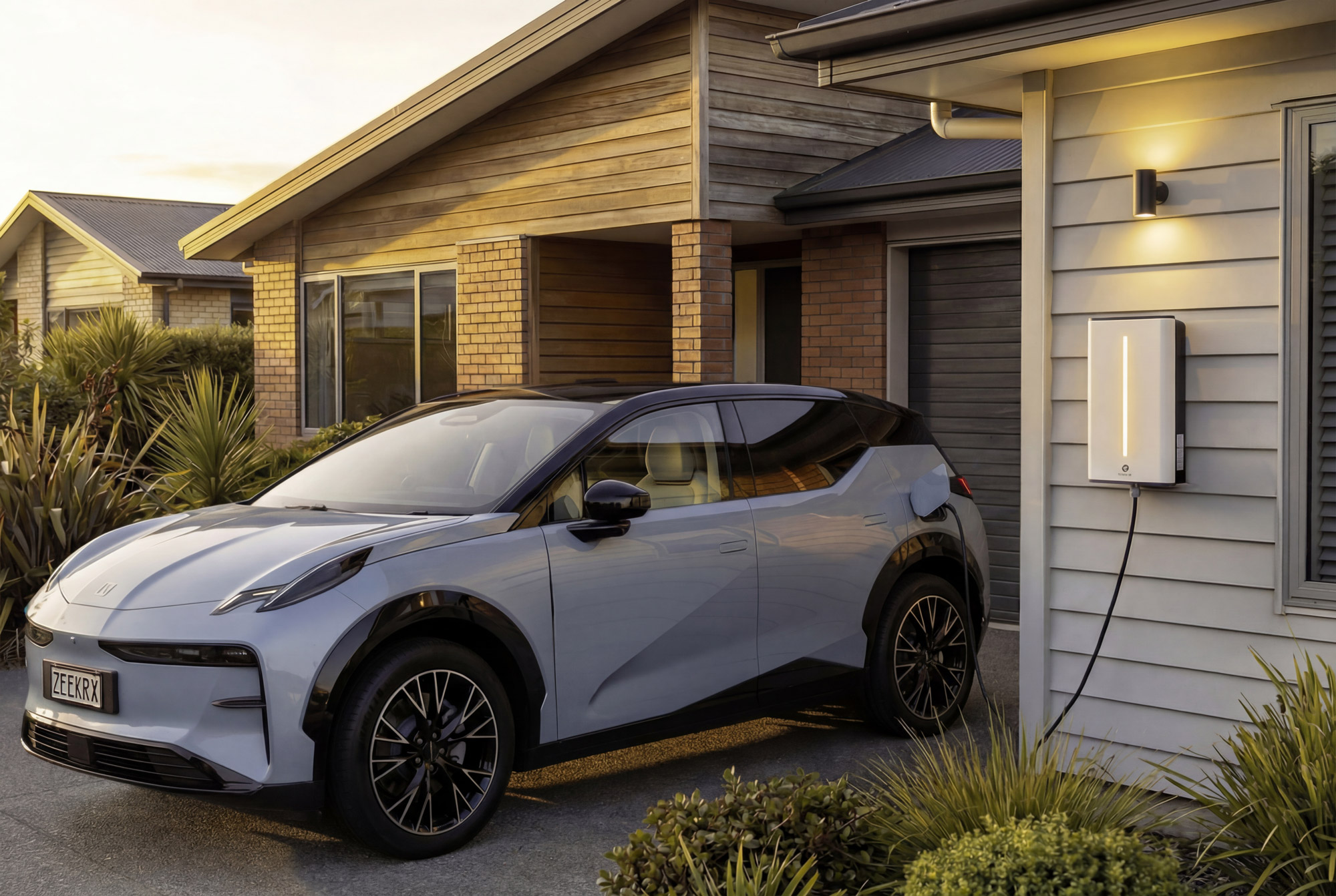 Electric SUV plugged into a wall-mounted charger outside a house at dusk