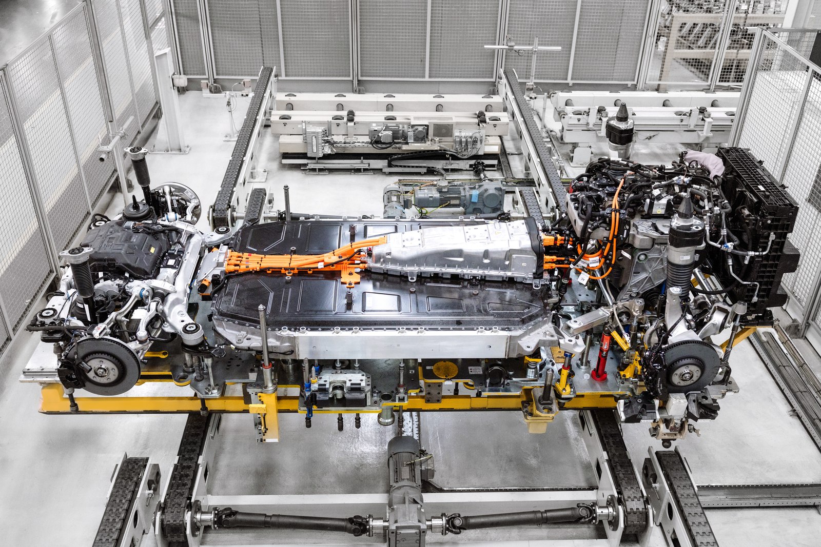 Range Rover Electric chassis and battery on the Solihull production line