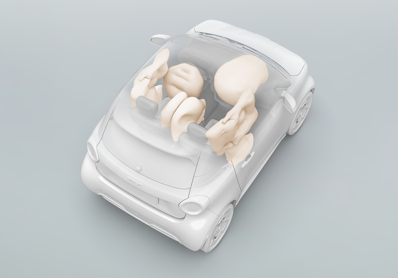 Render of the smart #2 showing its seven airbags deployed