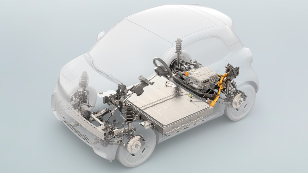 Cutaway render of the smart #2 showing its Electric Compact Architecture, battery and rear drive unit