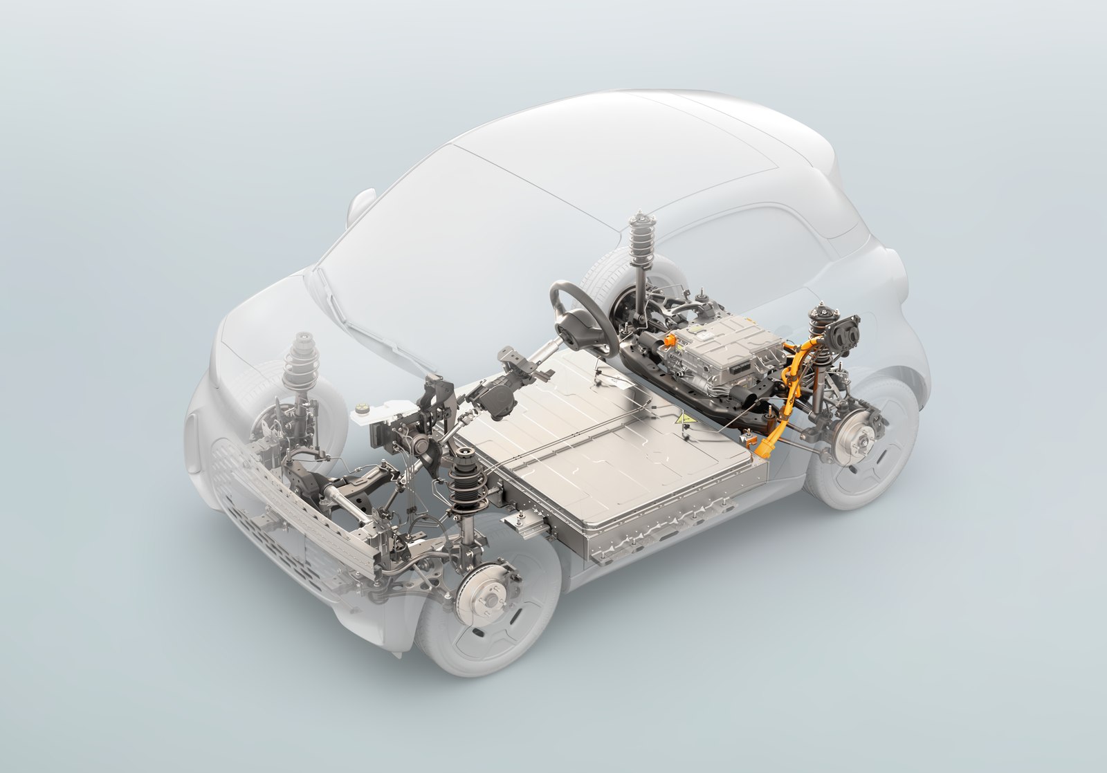 Cutaway render of the smart #2 showing its Electric Compact Architecture, battery and rear drive unit