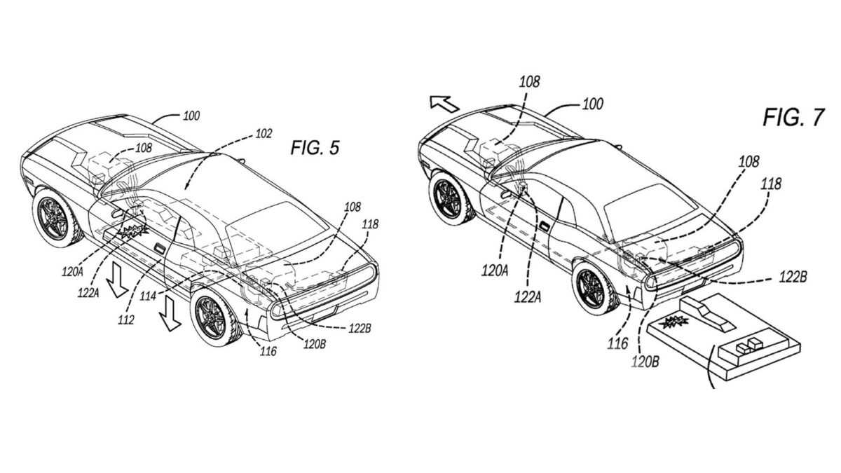 Patent drawings showing a car dropping its battery pack and driving away from it