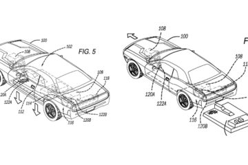 Patent drawings showing a car dropping its battery pack and driving away from it