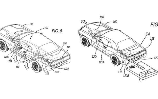 Patent drawings showing a car dropping its battery pack and driving away from it