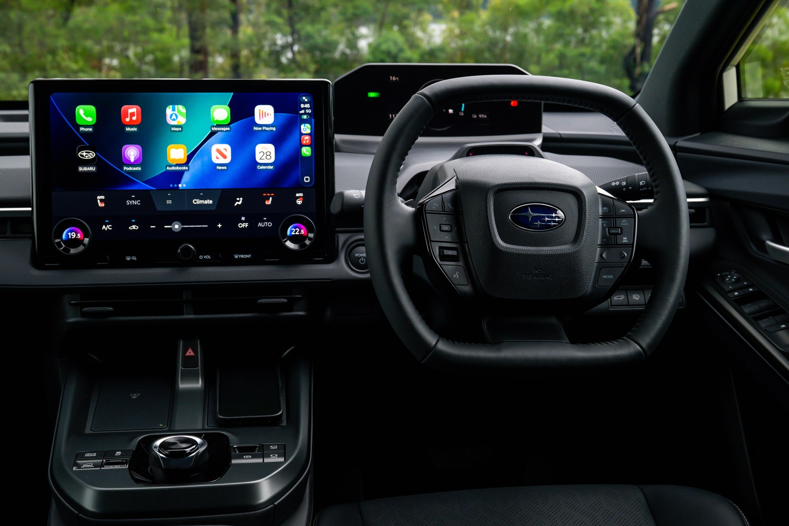 Subaru Trailseeker interior showing 14-inch touchscreen and steering wheel