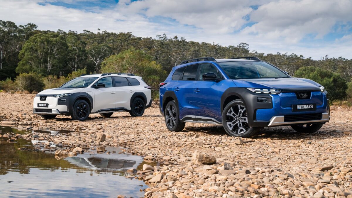 White Subaru Trailseeker AWD and blue Trailseeker AWD Touring parked on a riverbed