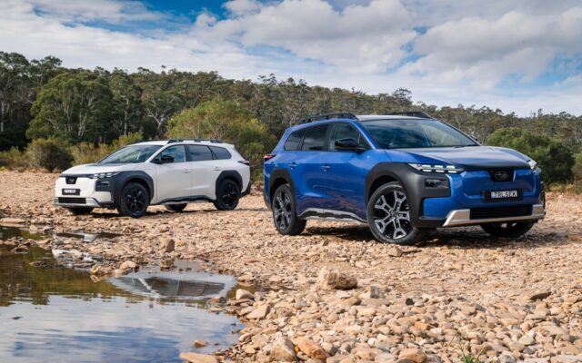 White Subaru Trailseeker AWD and blue Trailseeker AWD Touring parked on a riverbed