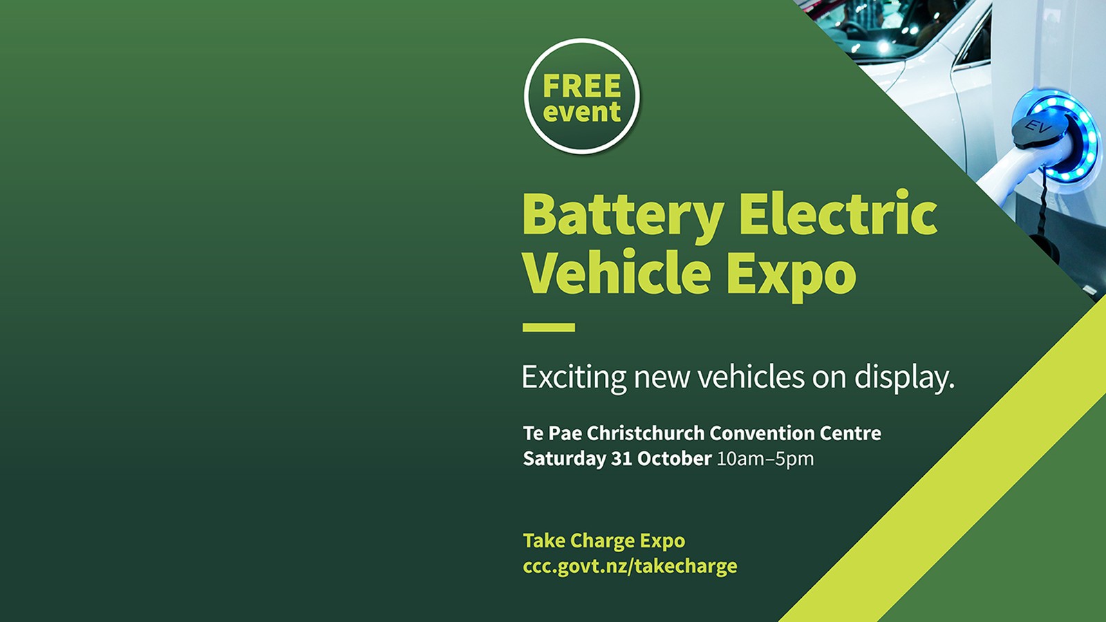 Take Charge Expo 2026 promotional graphic, Te Pae Christchurch, Saturday 31 October