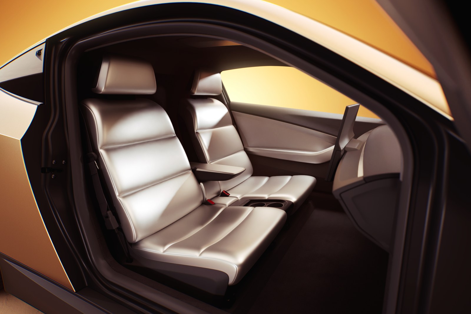 Interior of the Tesla Cybercab showing two seats and a central screen
