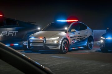 UP.FIT Tesla Model Y patrol car with light bar illuminated at night