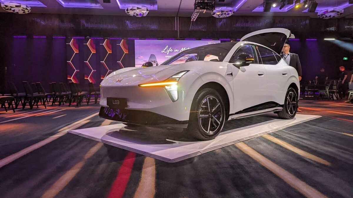 White XPeng L03 on stage at the Gold Coast launch