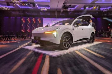 White XPeng L03 on stage at the Gold Coast launch