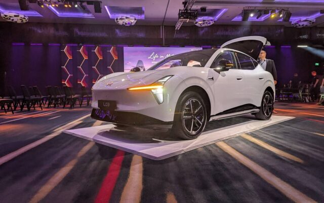 White XPeng L03 on stage at the Gold Coast launch