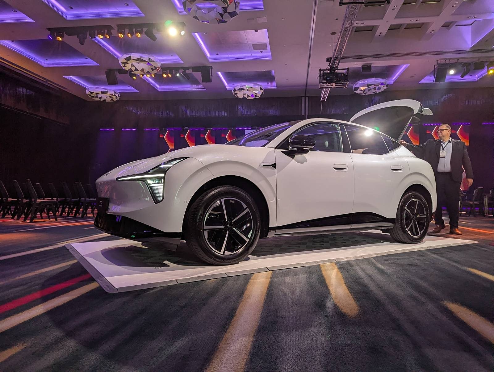 White XPeng L03 side profile at the launch