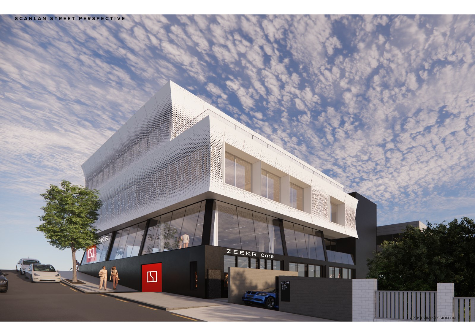 Render of the Zeekr flagship showroom from Great North Road