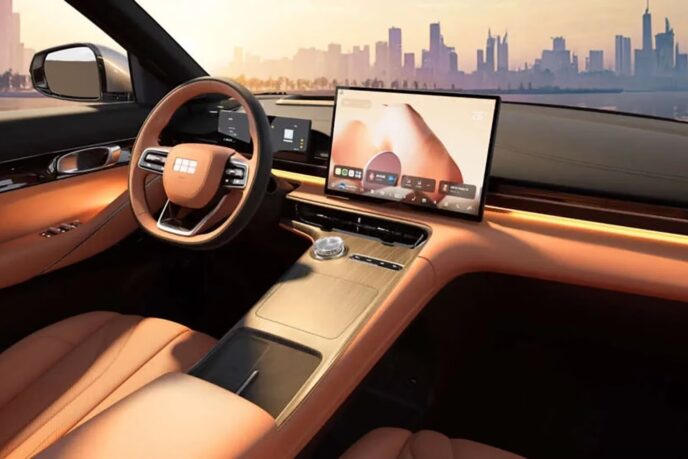 Brown leather cabin of the 2027 Geely EX5 with flat-bottomed steering wheel