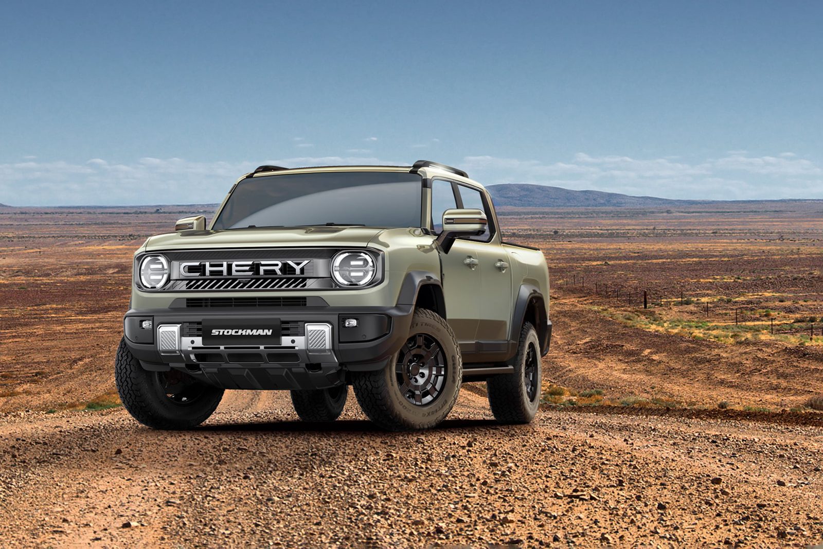 Chery Stockman ute in green on a dusty outback road