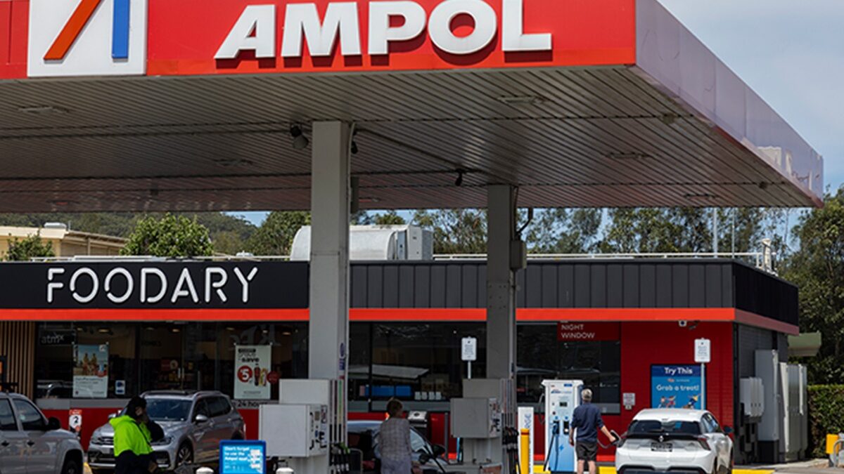 Ampol service station with an EV charging bay beside the Foodary store