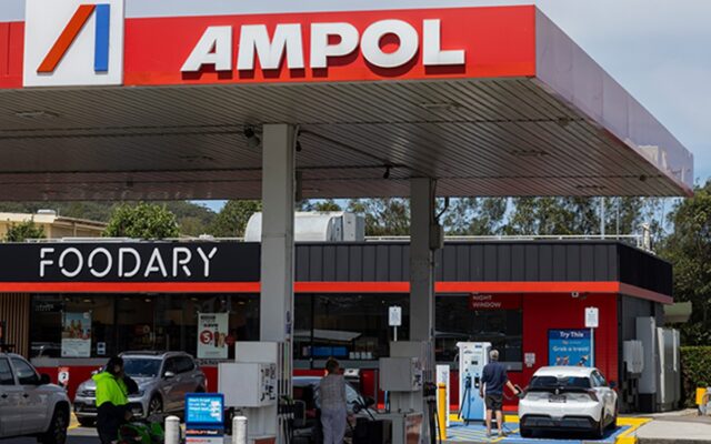 Ampol service station with an EV charging bay beside the Foodary store